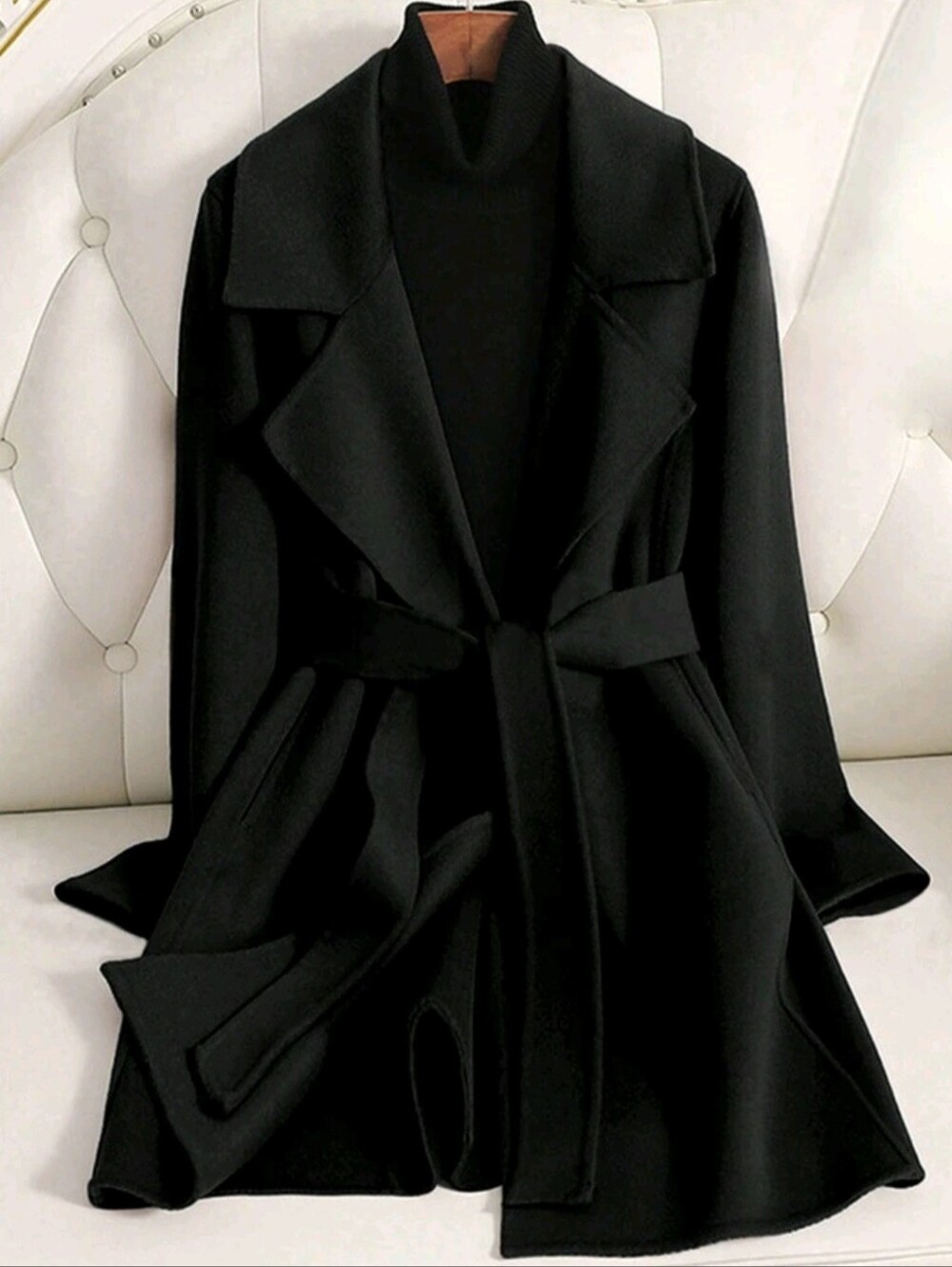 Women Solid Color Waist Belt Elegant Long Sleeve Overcoat, Autumn/Winter Black